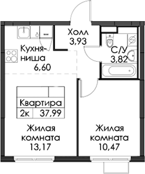1-комнатная квартира 37.99 м², 11/12 эт., ЖК «Таллинский парк»